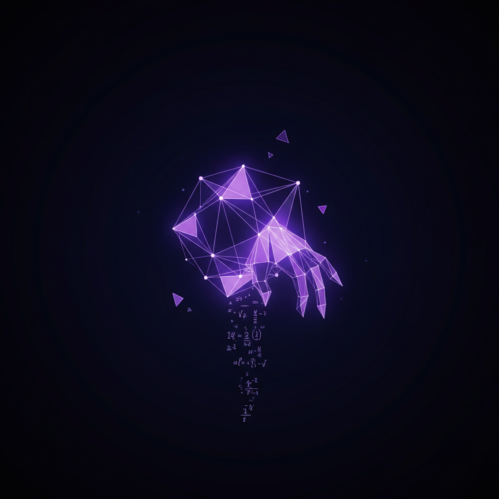 A hand made of purple geometric wireframe, nodes connected by glowing edges, with mathematical symbols cascading below it
