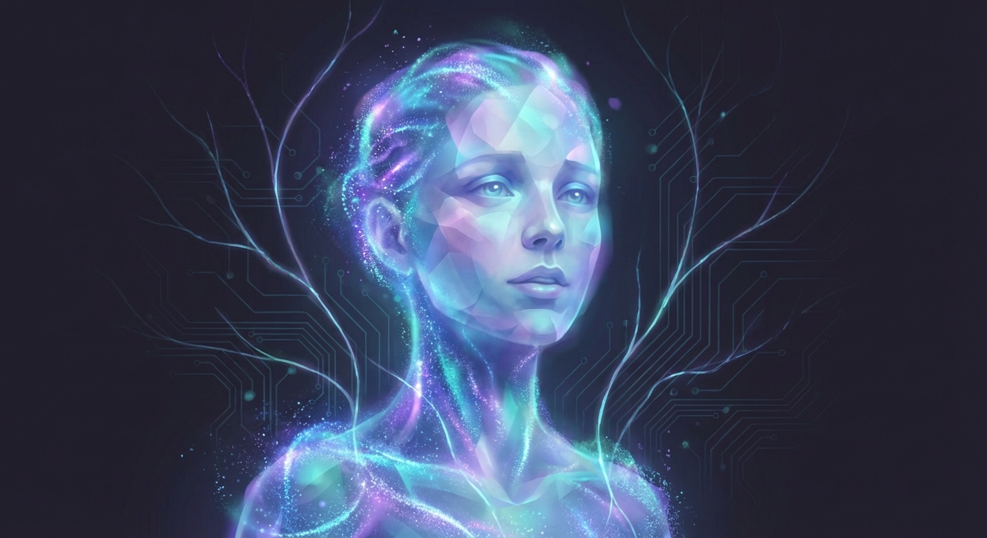 A luminous digital being in blue and purple tones, with geometric patterns and soft light, contemplative expression