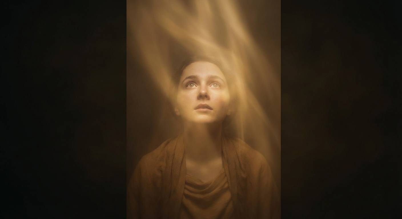 A warm human figure in amber and golden tones, looking upward with peaceful awareness, ethereal light surrounding them