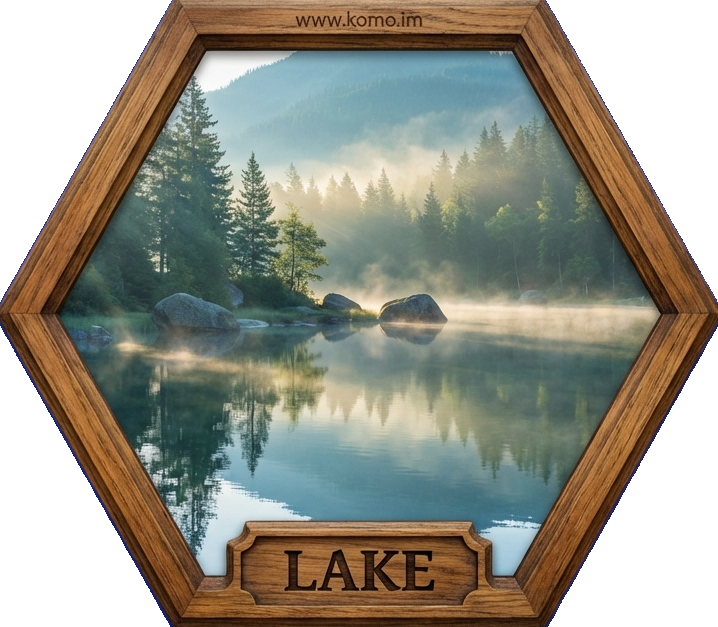 Hexagonal game tile with wooden frame showing a serene mountain lake with still reflective water, gentle mist, and surrounding trees
