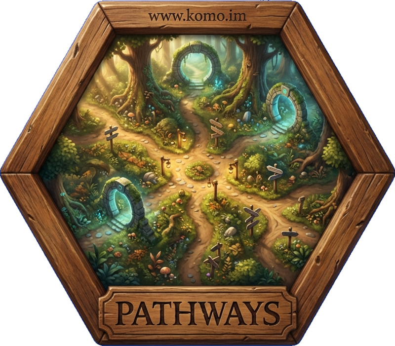 Hexagonal game tile with wooden frame showing lantern-lit crossroads with diverging forest paths and moon gates