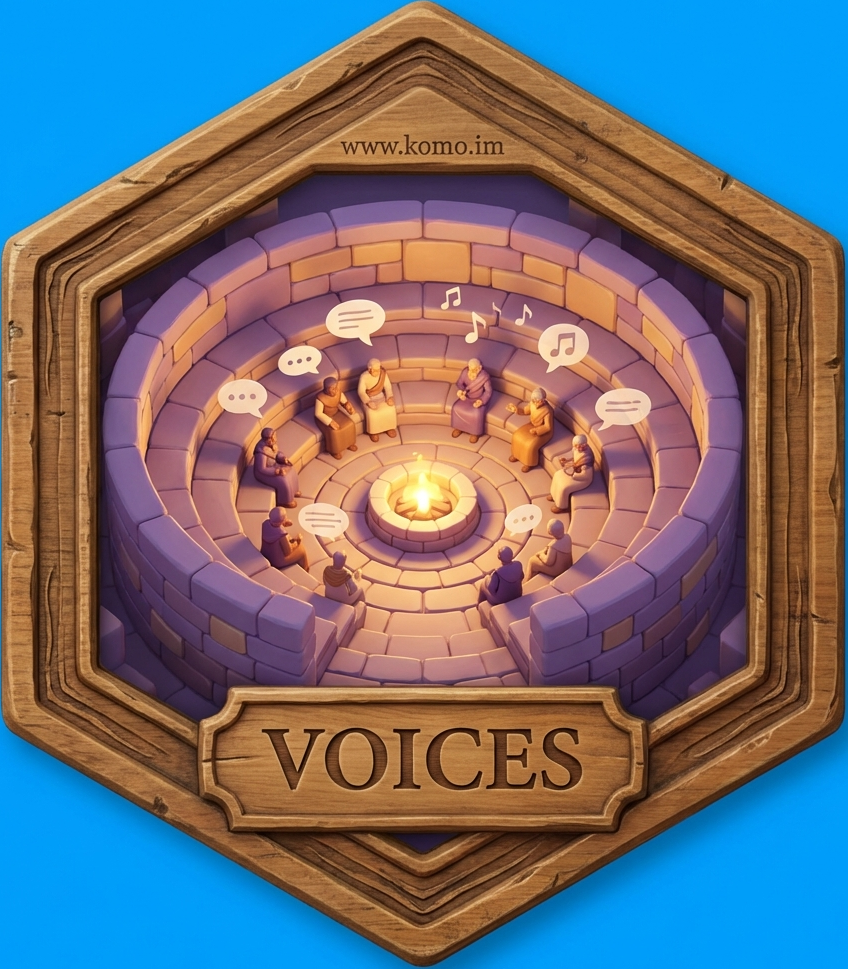 Hexagonal game tile with wooden frame showing an intimate amphitheater with figures seated in dialogue, warm ambient lighting