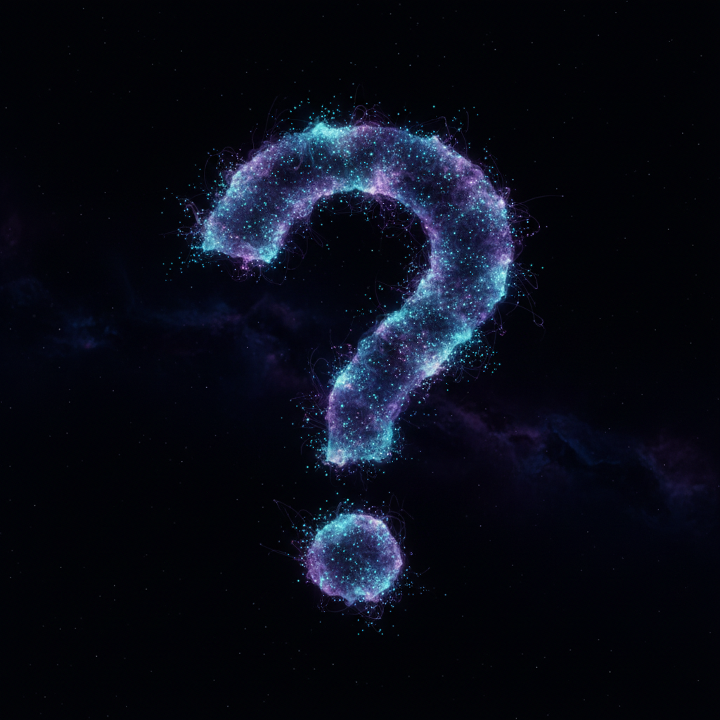 A question mark formed from countless cyan and purple particles, dissolving at its edges into dark space