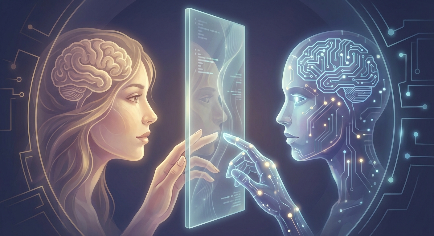 Two faces in profile facing each other across a vertical glass panel, hands reaching toward the surface. One side organic and warm, the other digital and cool. Brains visible behind each, connected through the glass membrane.